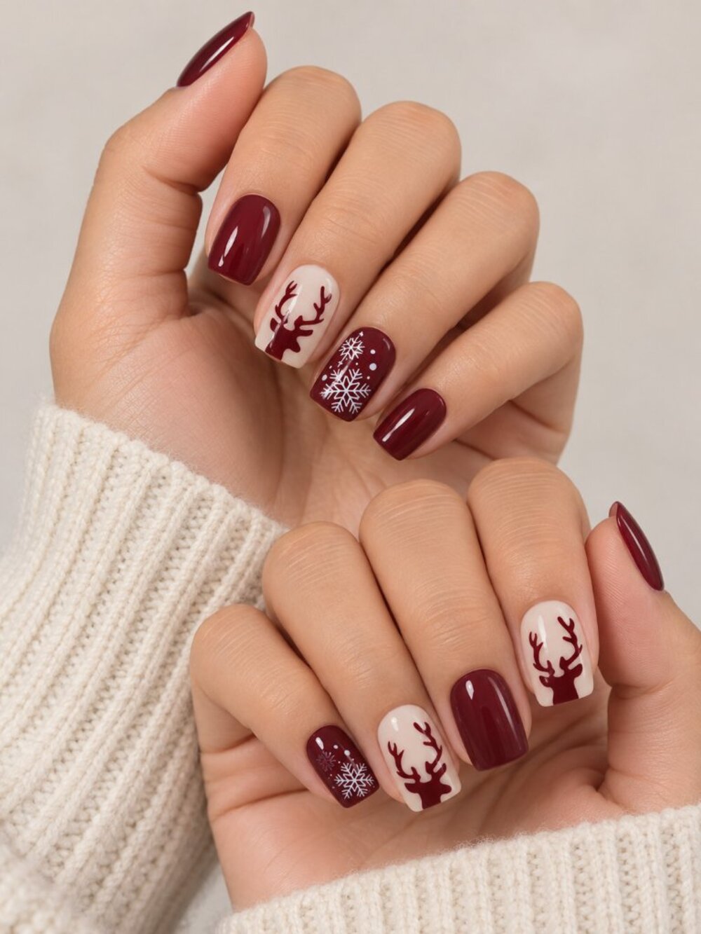 Christmas Press-On Nails 24pc Burgundy Reindeer Snowflake Holiday Nail Set NEW